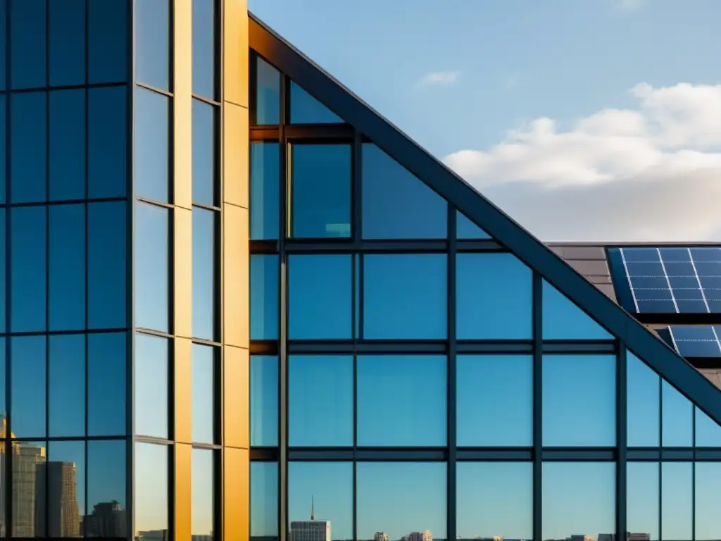 Ventanas fotovoltaicas para edificios sostenibles: Un moderno edificio con ventanas solares negras que reflejan la ciudad con luz dorada