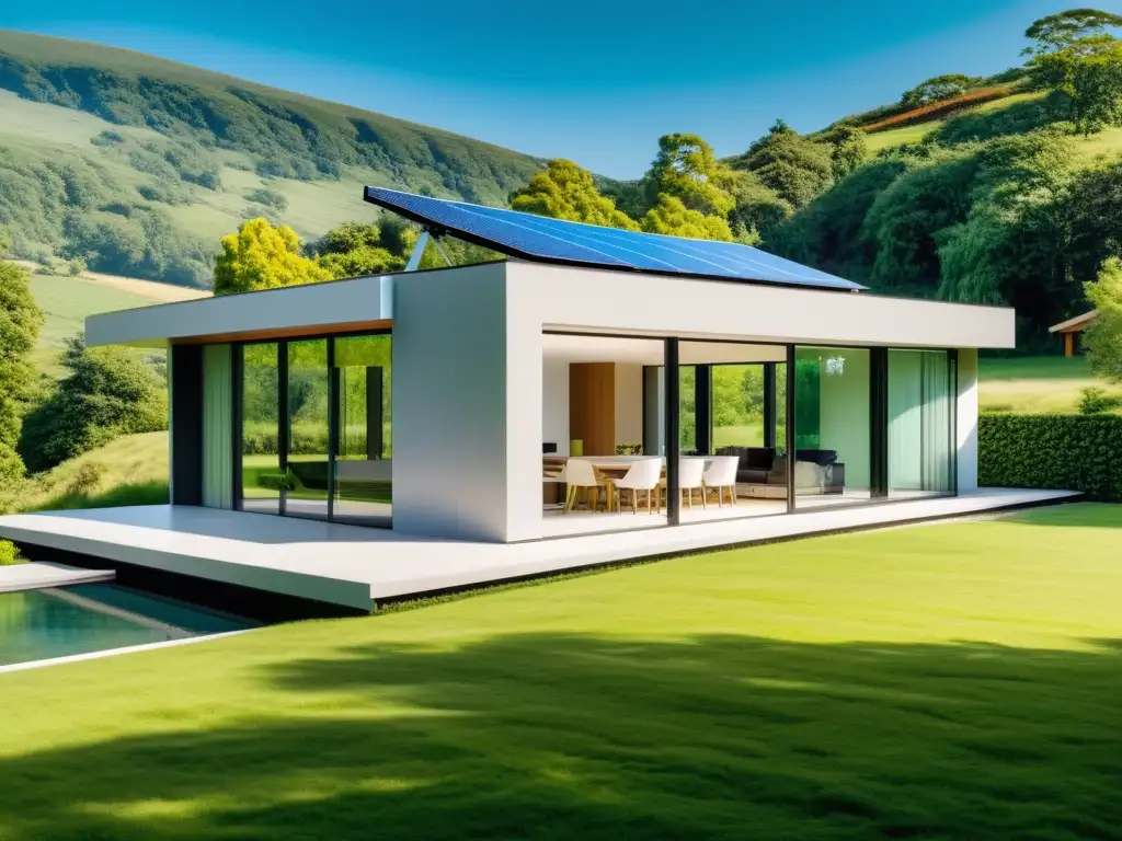 Ventanas inteligentes para hogar sostenible: casa moderna con diseño contemporáneo, tecnología ecofriendly y paisaje natural exuberante