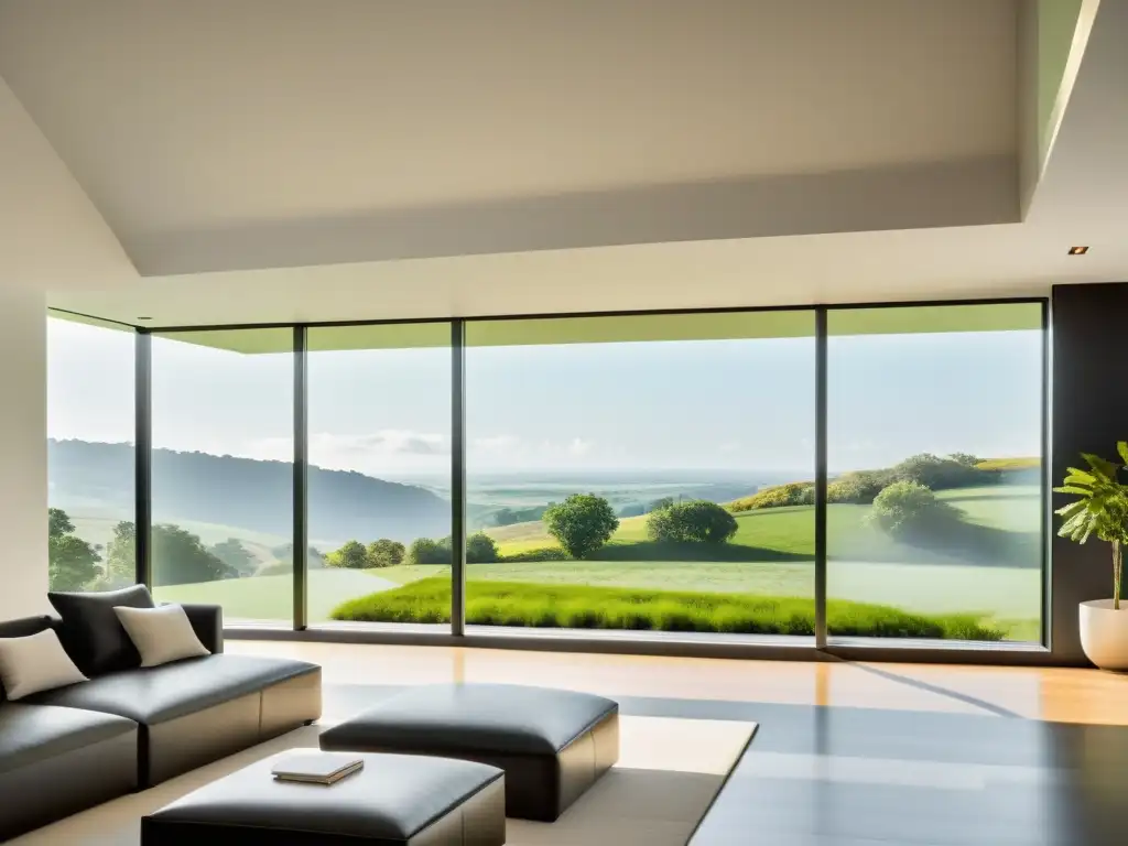 Ventanas inteligentes para hogar sostenible: Vista de paisaje verde a través de moderna ventana, con tecnología inteligente y ambiente acogedor