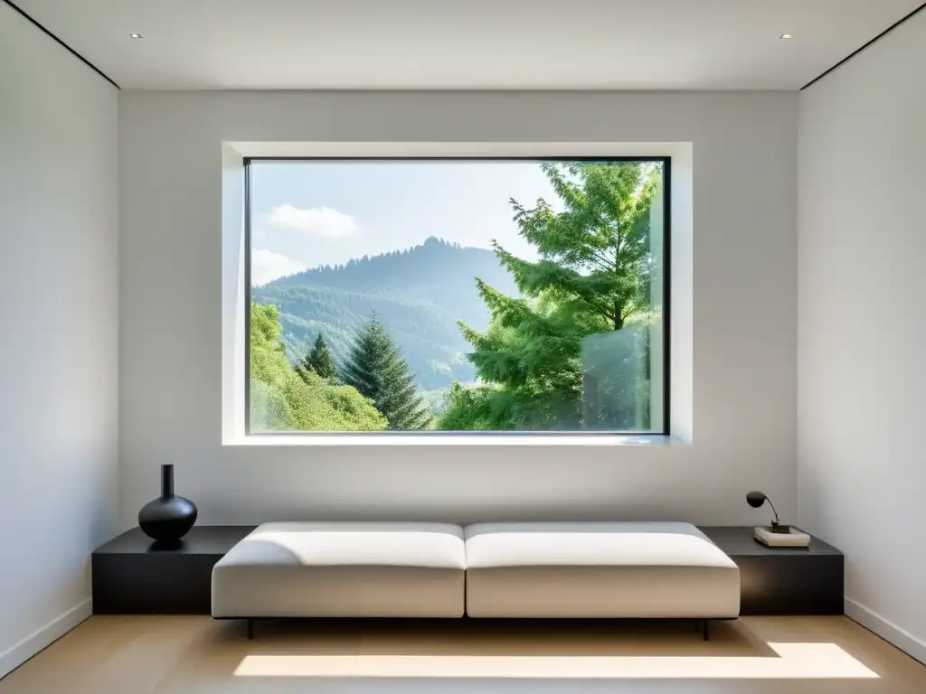 Ventanas y tragaluces para luz natural iluminan un espacio moderno y sereno con una ventana minimalista en una pared blanca