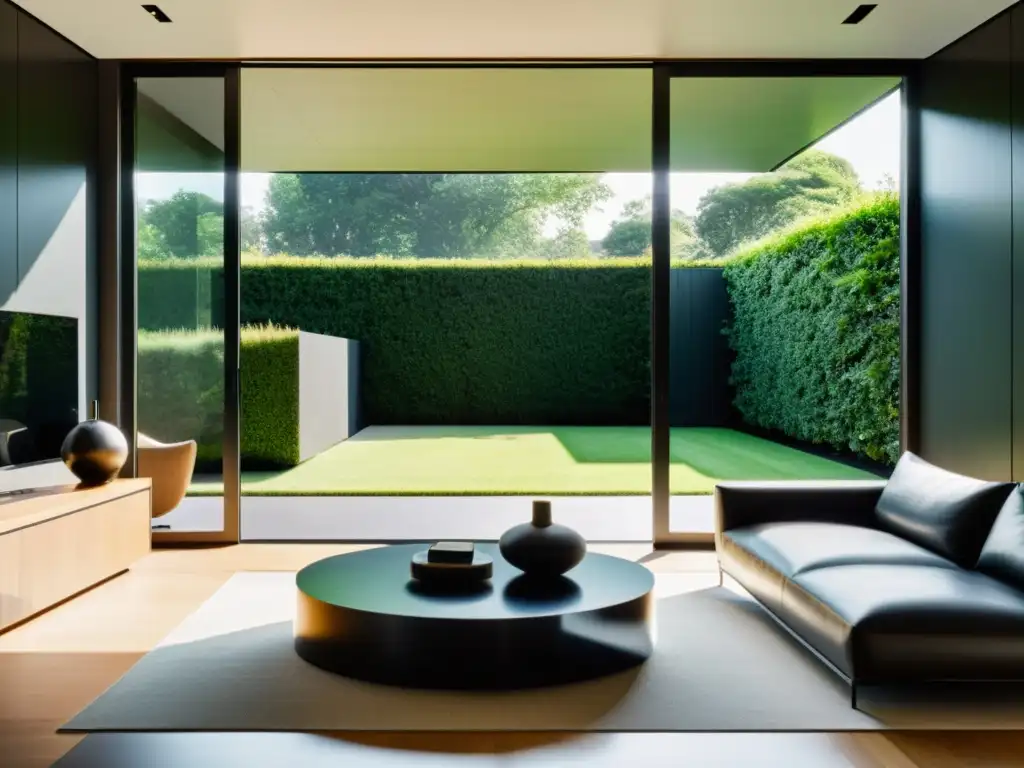 Ventanas y tragaluz para luz natural: Amplia ventana minimalista de piso a techo en moderna sala soleada con vista a jardín verde