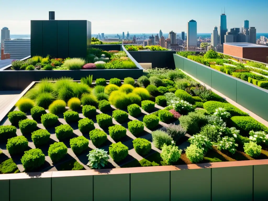 Un jardín verde exuberante en la azotea de un edificio urbano moderno, mostrando beneficios de cubiertas verdes en vivo con diseño contemporáneo