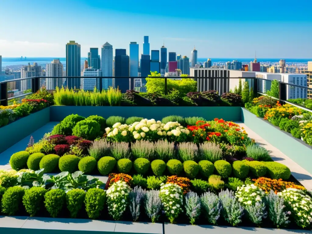 Jardín verde exuberante en la azotea con flores y plantas en patrón geométrico, contrastando con la arquitectura moderna