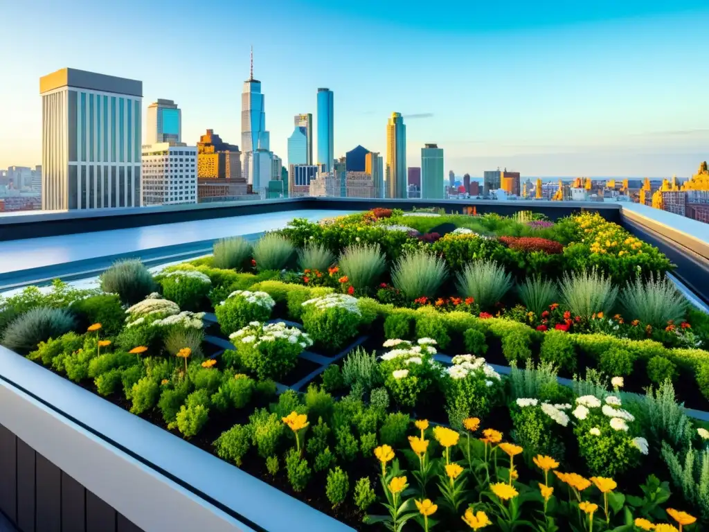 Un jardín verde exuberante en la azotea, con plantas y flores en patrones geométricos