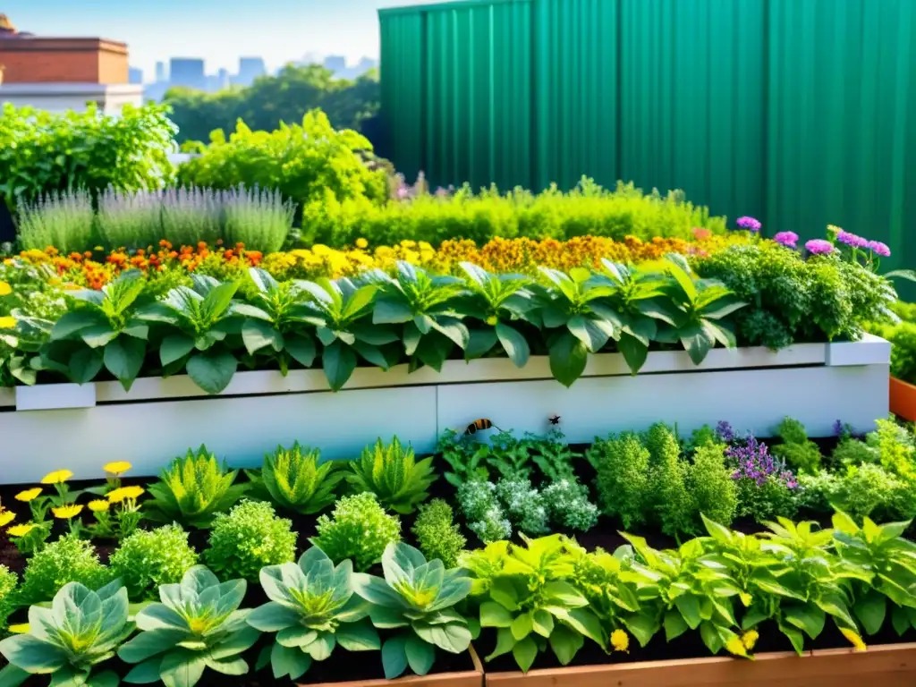 Un jardín verde exuberante en la azotea con plantas vibrantes y saludables bajo el sol