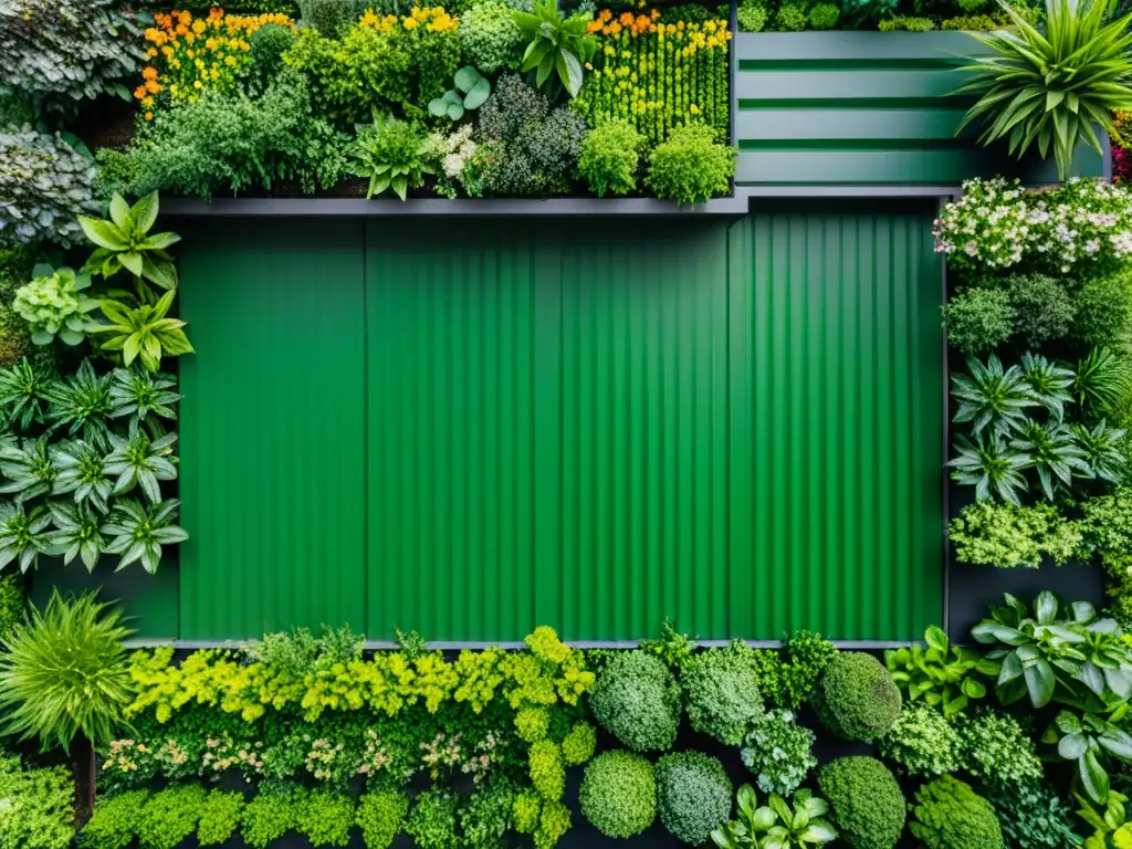 Un jardín verde exuberante en la azotea, con variedad de plantas en armonía