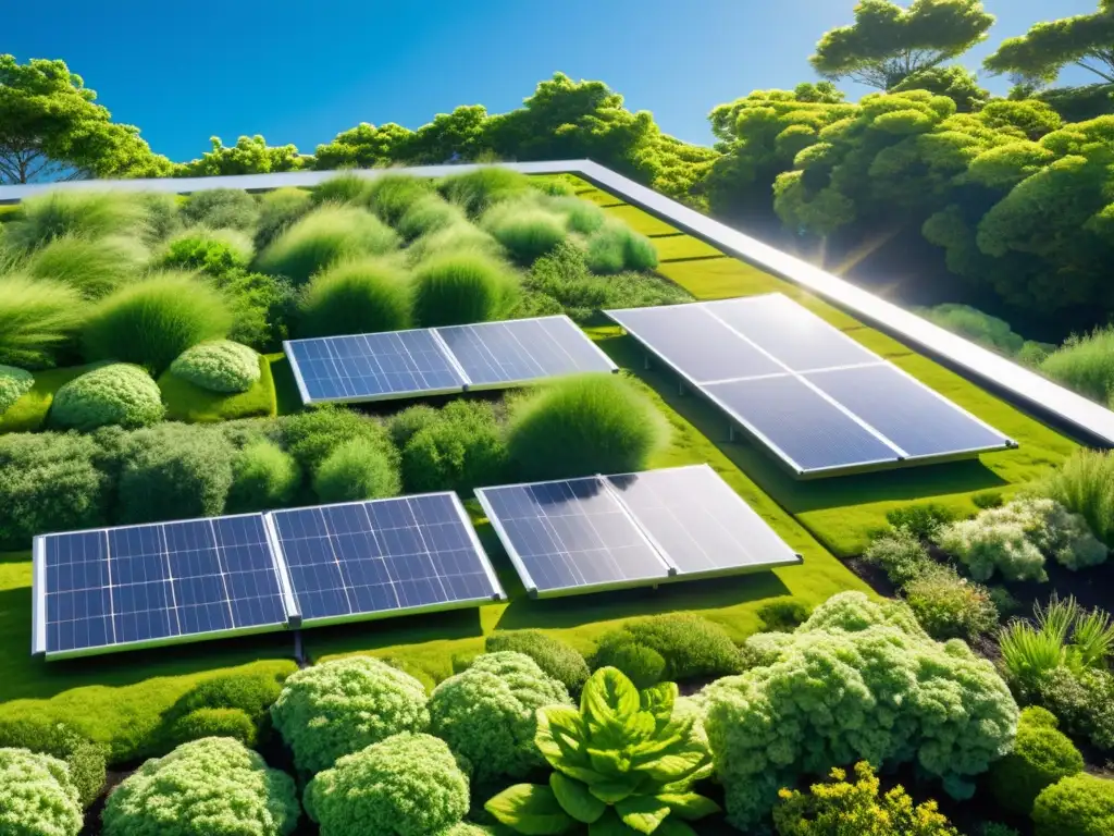 Un jardín verde exuberante con paneles solares integrados y cultivo de algas, simbolizando la armonía entre energía renovable y agricultura sostenible