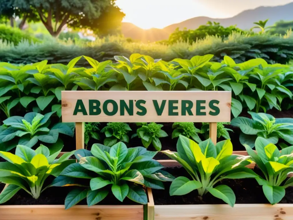 Jardín verde exuberante con plantas sanas y el letrero 'Abonos Verdes