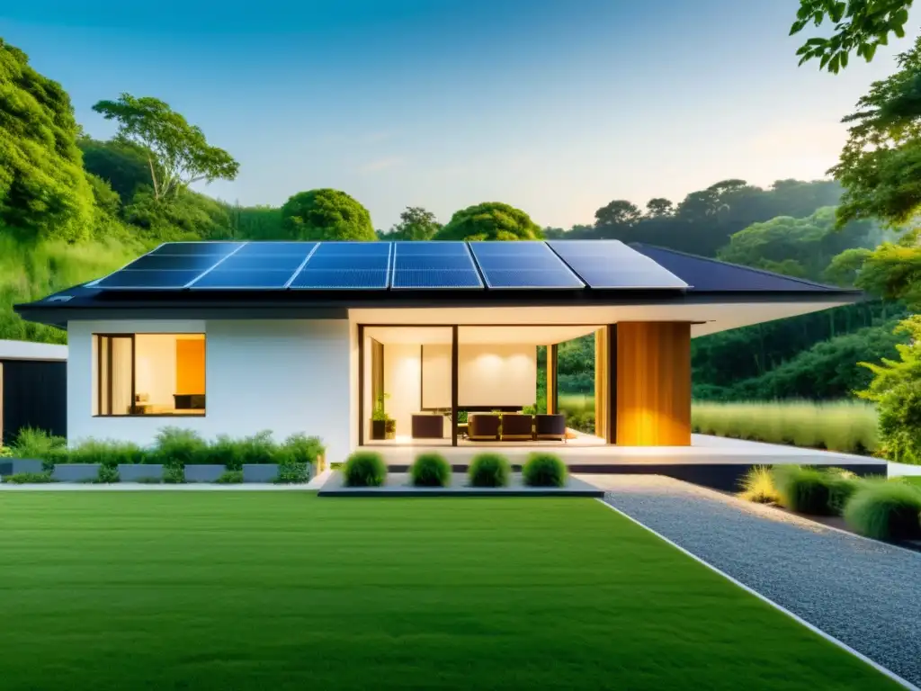 Inversión verde para hogar sostenible: moderna casa ecoamigable con paneles solares y exuberante vegetación