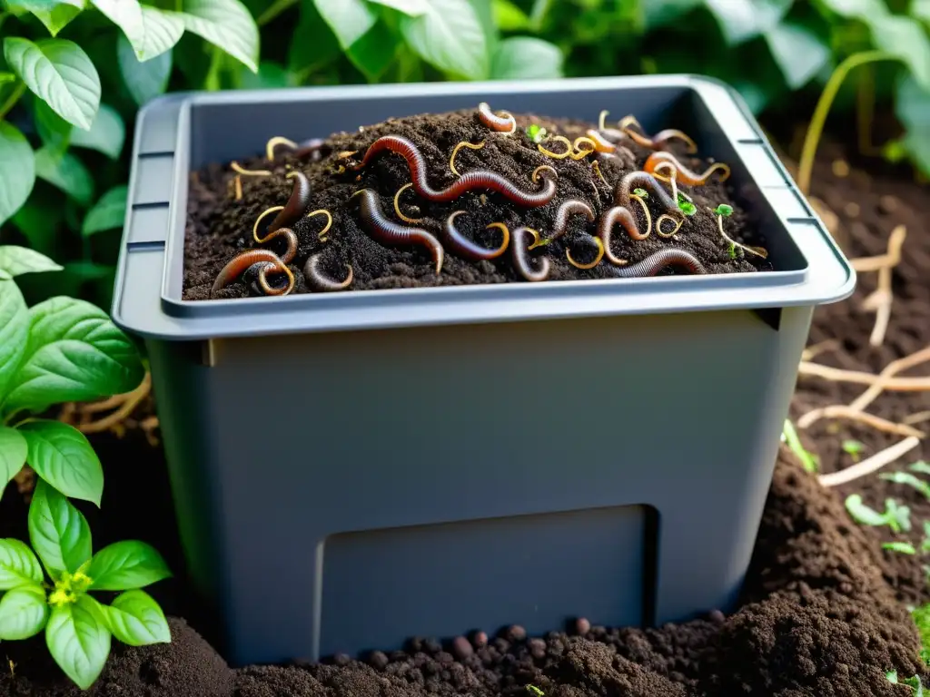 Vermicompostaje casero para jardín sostenible: lombrices en compost oscuro con plantas frondosas de fondo, resalta belleza y beneficios del compostaje