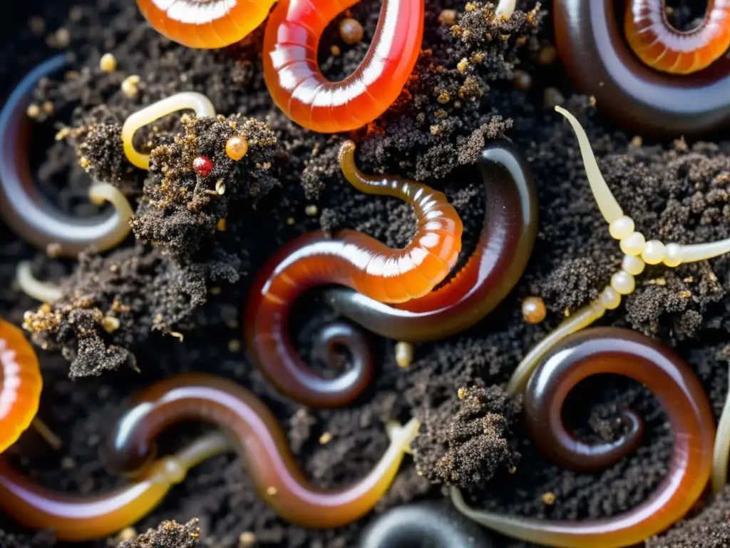 Vermicompostaje eficaz: lombrices rojas trabajando en compost oscuro y húmedo, reduciendo residuos orgánicos de forma natural