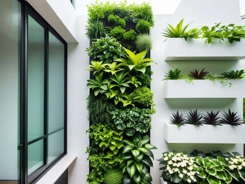 Un jardín vertical de huertos urbanos verticales sostenibles, con plantas verdes exuberantes en una pared blanca, vibrante y ordenado