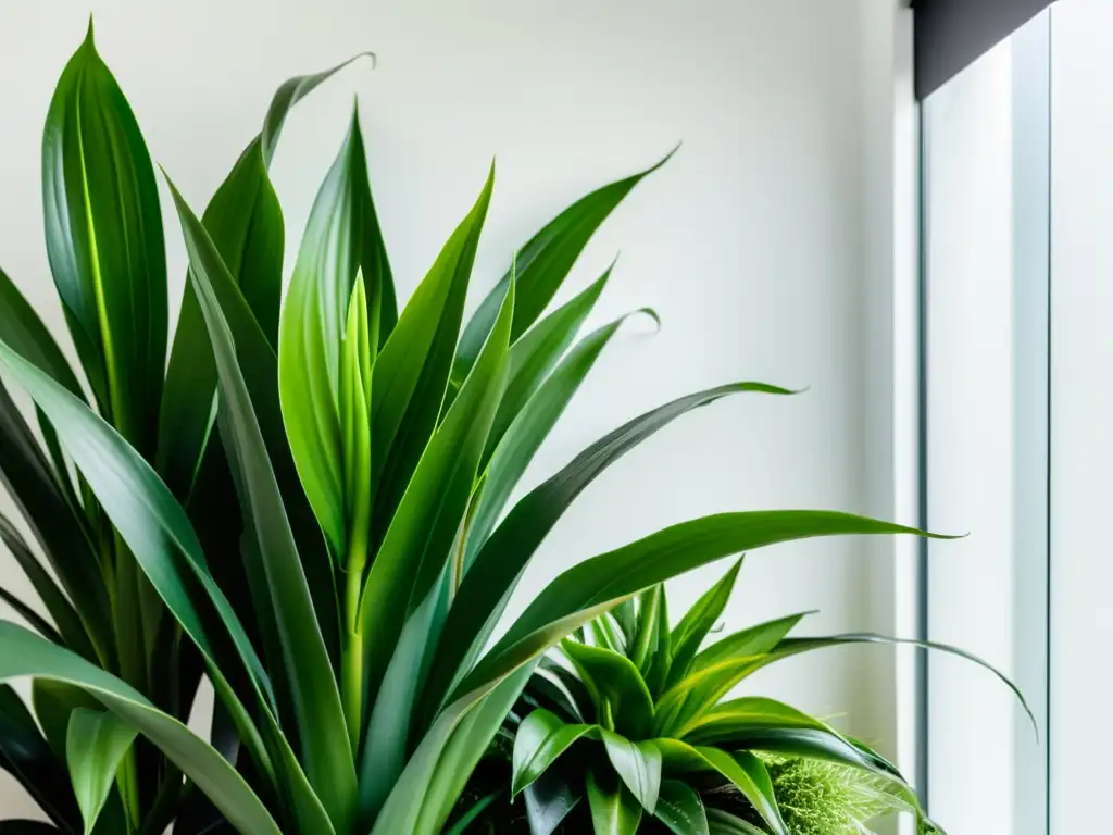 Un jardín vertical interior exuberante con variedad de plantas energéticas en macetas modernas, iluminadas por luz natural