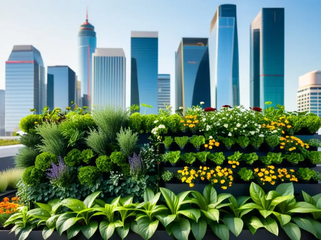 Un jardín vertical sostenible con plantas exuberantes y flores vibrantes, en contraste con el horizonte de la ciudad