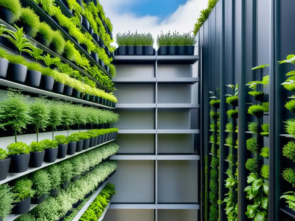 Un jardín vertical sostenible con plantas verdes vibrantes en un entorno urbano moderno