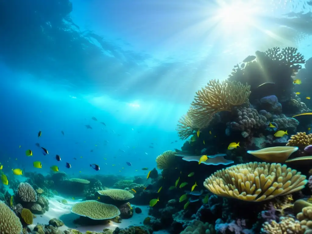 Vibrante arrecife de coral con biodiversidad marina y su energía eólica