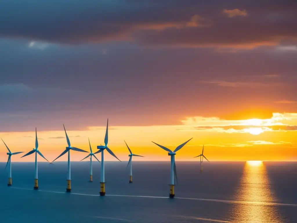 Vibrante atardecer ilumina molinos eólicos en Middelgrunden, un éxito danés en energía renovable