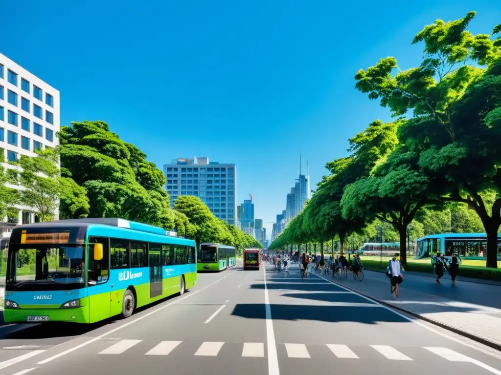 Vibrante calle de la ciudad con zonas de bajas emisiones, resaltando el impacto en la salud y el medio ambiente