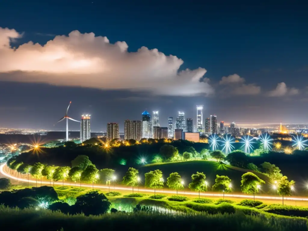 Vibrante ciudad nocturna con edificios modernos iluminados y bioenergía en una urbe sostenible