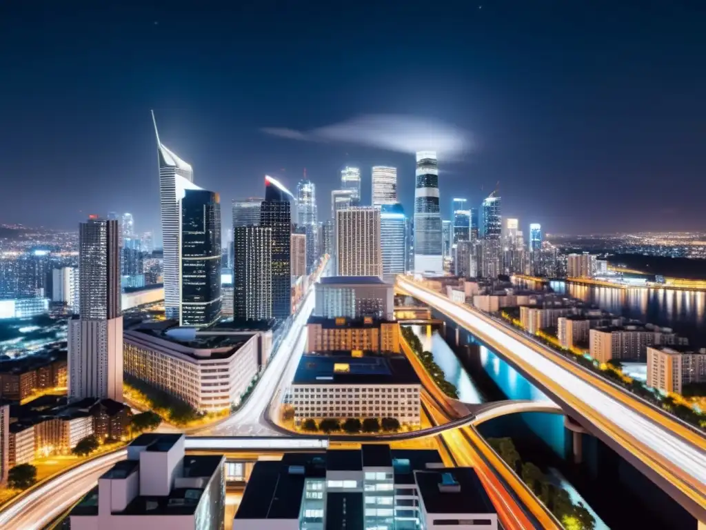 Vibrante ciudad nocturna con rascacielos iluminados, reflejando el desarrollo de ciudades inteligentes sostenibles