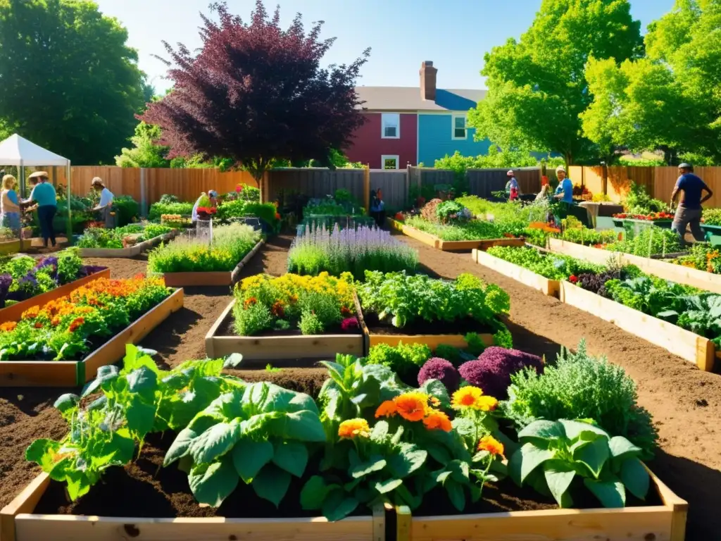 Un vibrante jardín comunitario, con una diversidad de plantas y verduras, y miembros de la comunidad colaborando juntos