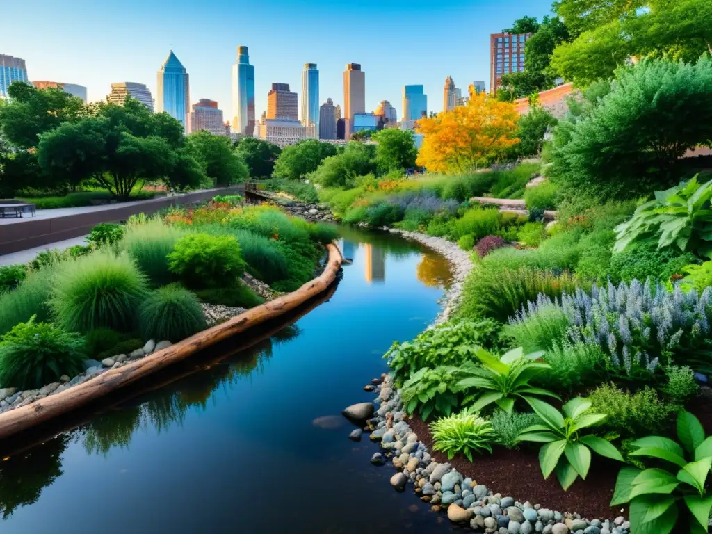 Vibrante corredor de biodiversidad en la vida silvestre urbana, con plantas nativas, rocas y arroyo, contrastando con el horizonte de la ciudad