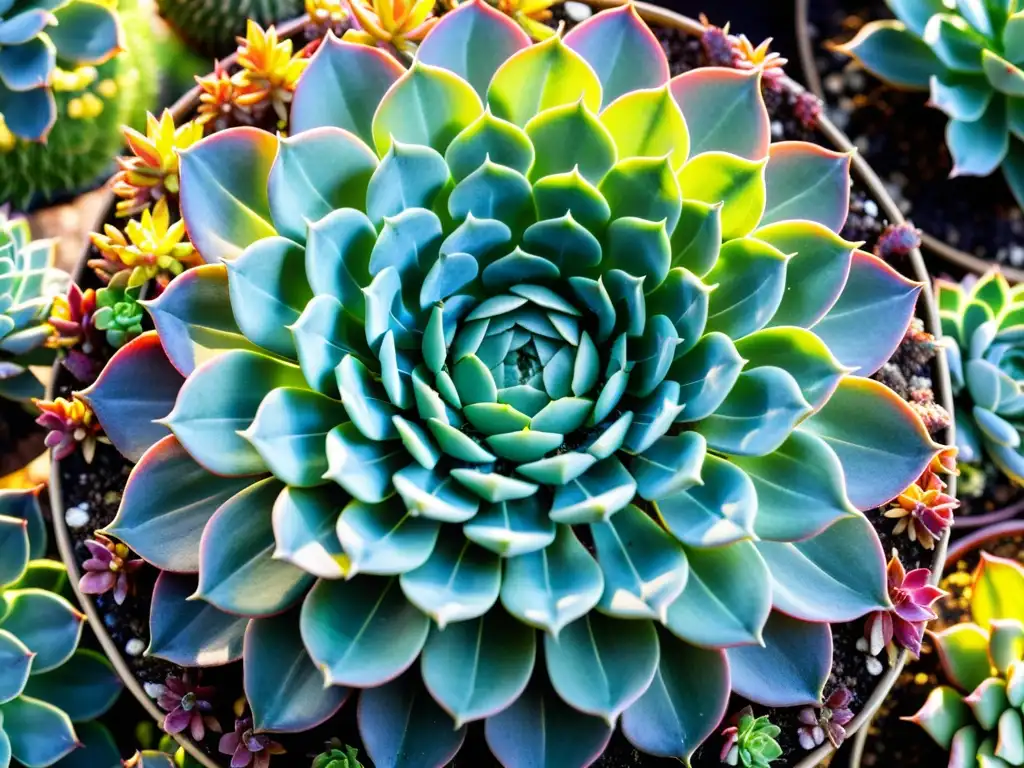 Vibrante jardín de suculentas en un diseño circular, evocando equilibrio y tranquilidad en jardinería en climas áridos sostenible