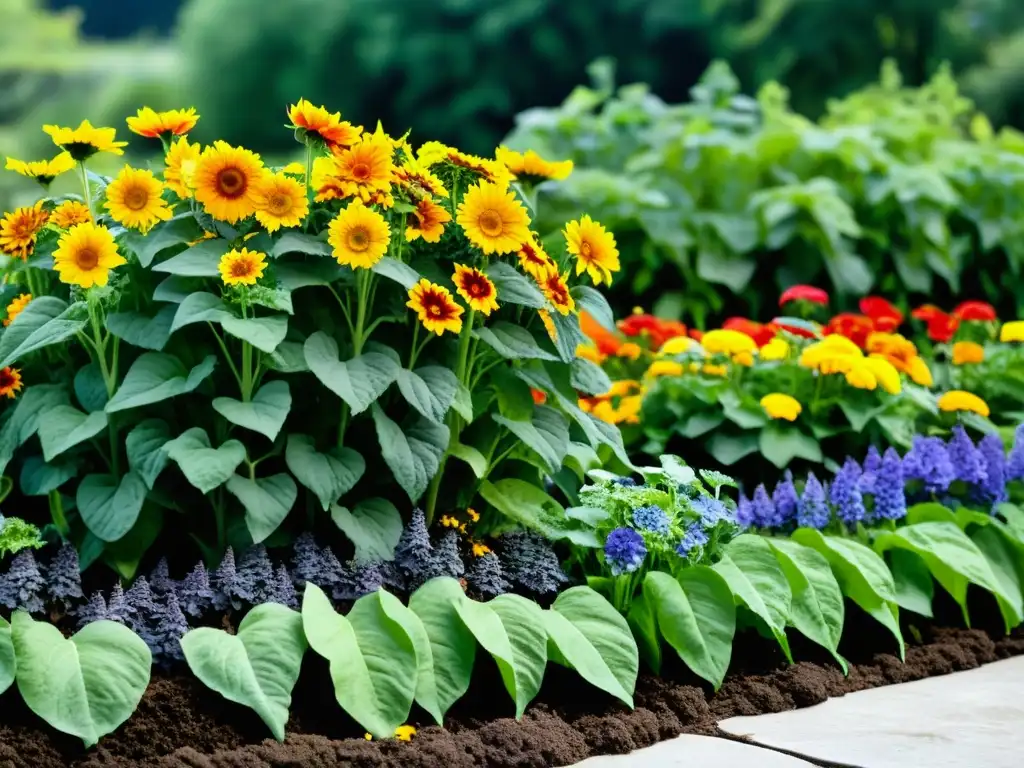 Un jardín vibrante y diverso con cultivos asociados estratégicamente