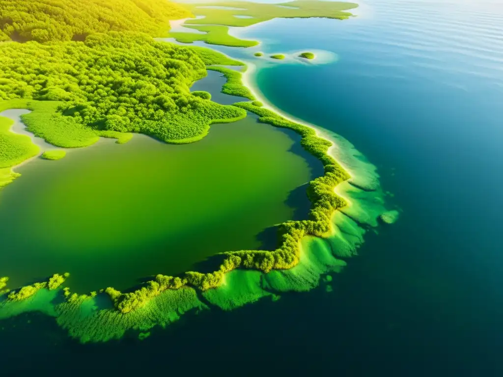 Vibrante escena costera con algas verdes en aguas cristalinas, reflejando la luz dorada