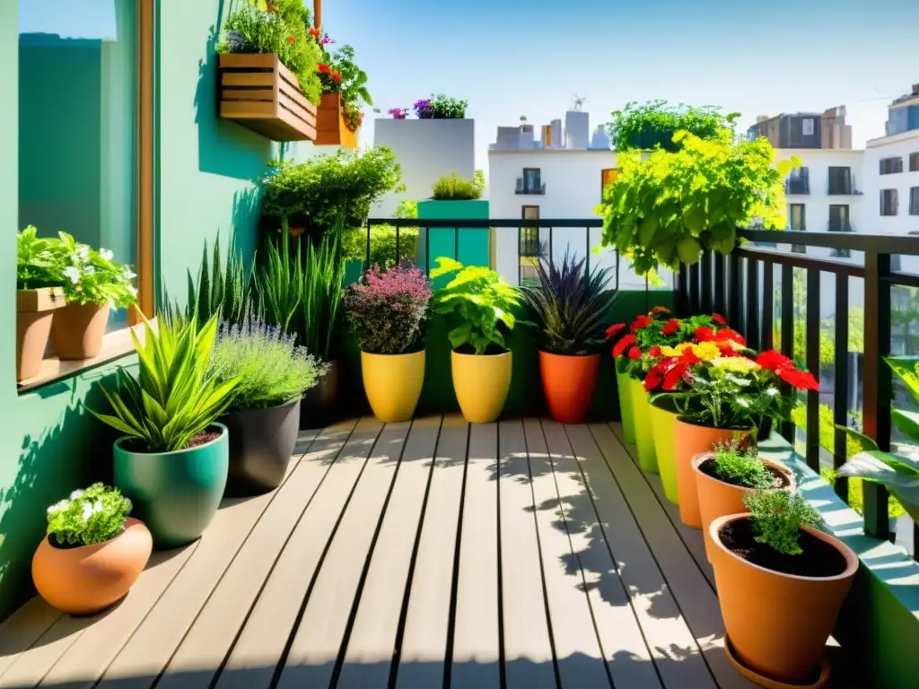 Un jardín vibrante y exuberante en un balcón, con plantas verdes y flores coloridas