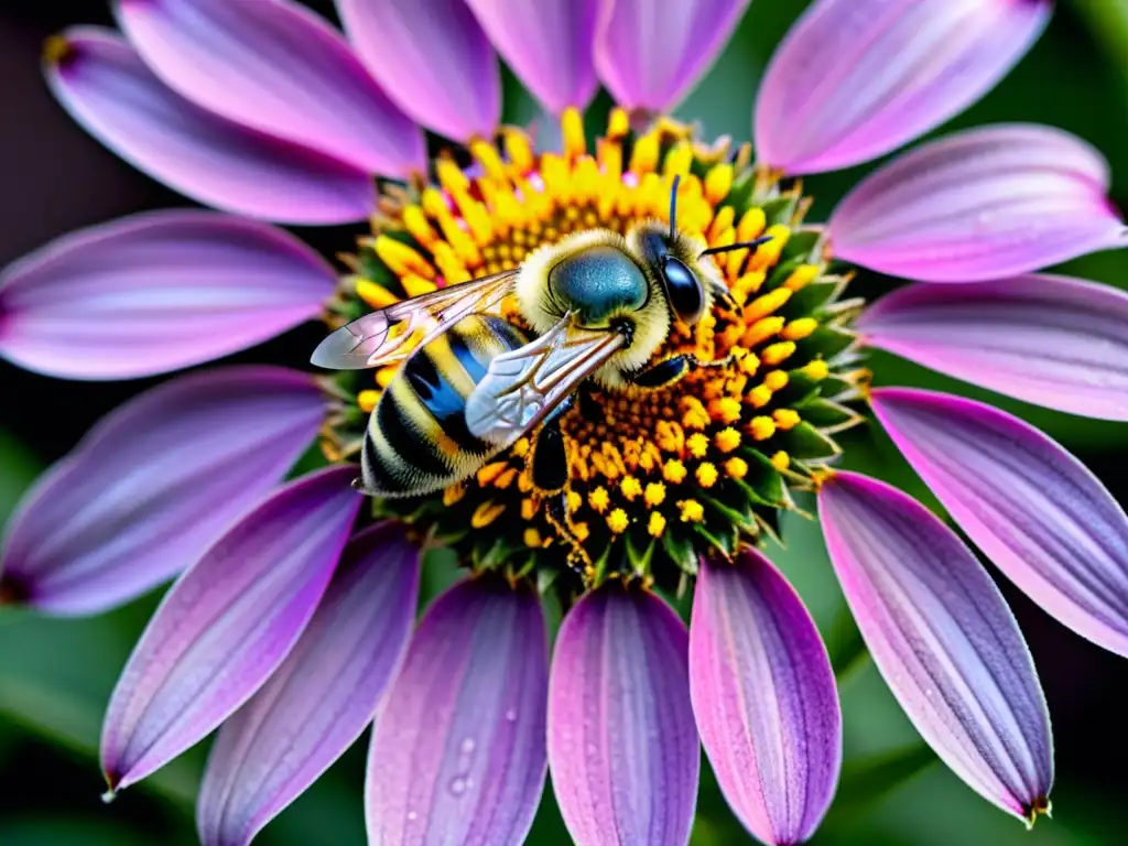 Vibrante flor morada con abeja cubierta de polen, destacando la importancia de los polinizadores en un jardín sostenible