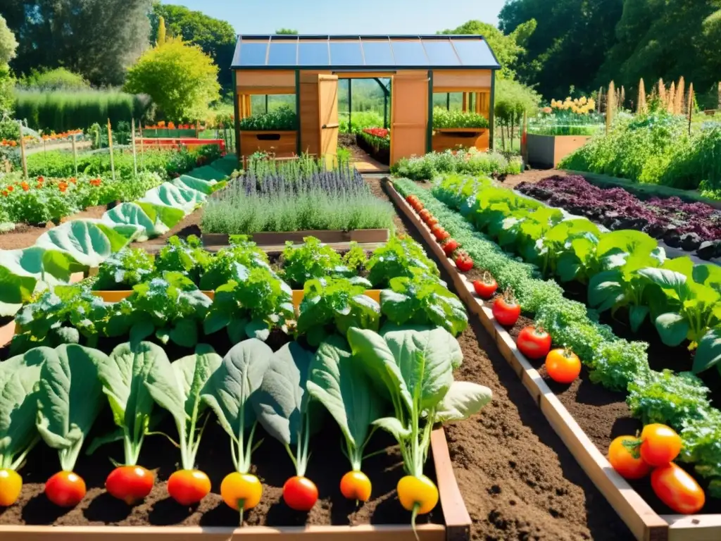 Un jardín vibrante con hileras ordenadas de productos coloridos, como tomates, zanahorias, pimientos y verduras, bañados por la cálida luz del sol