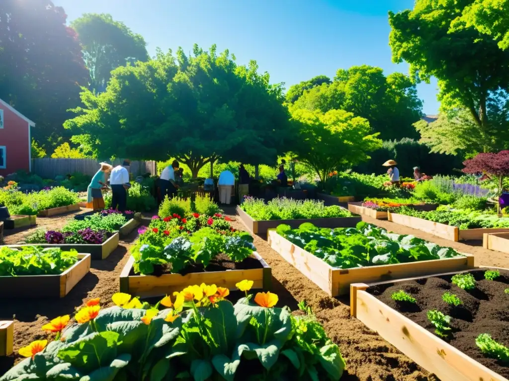 Un vibrante huerto comunitario con redes verdes y diversidad de cultivos, flores y personas, promoviendo la sostenibilidad urbana