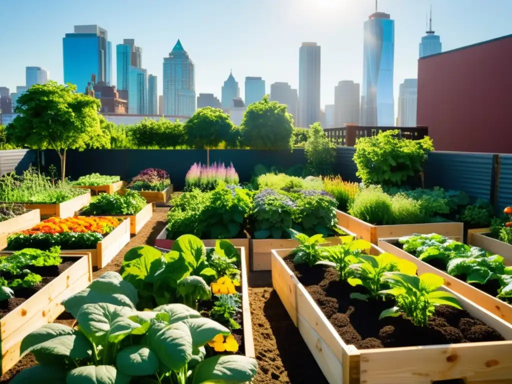 Un vibrante huerto urbano sostenible en casa, rebosante de vida y color, integrando la naturaleza en la ciudad