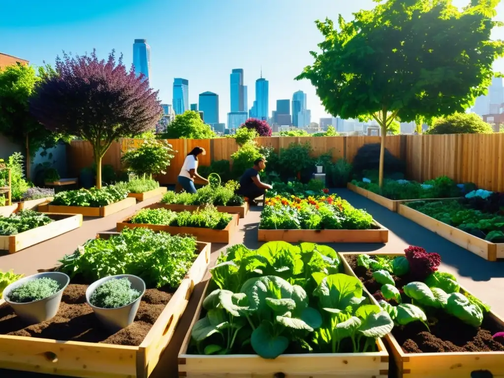 Un vibrante huerto urbano sostenible, donde la comunidad cultiva plantas y flores, creando un oasis verde en la ciudad