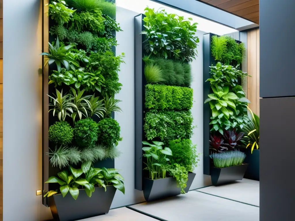 Vibrante huerto urbano vertical sostenible con vegetación fresca en instalación moderna