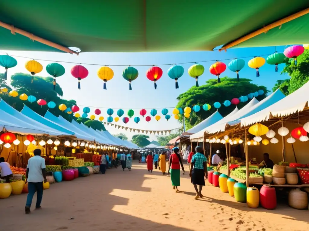 Vibrante mercado callejero en país en desarrollo con expresiones culturales energía sostenible