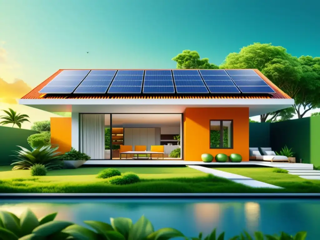 Una ilustración vibrante y minimalista de un hogar moderno y sostenible con paneles solares en el techo, rodeado de exuberante vegetación y fuentes de energía renovable