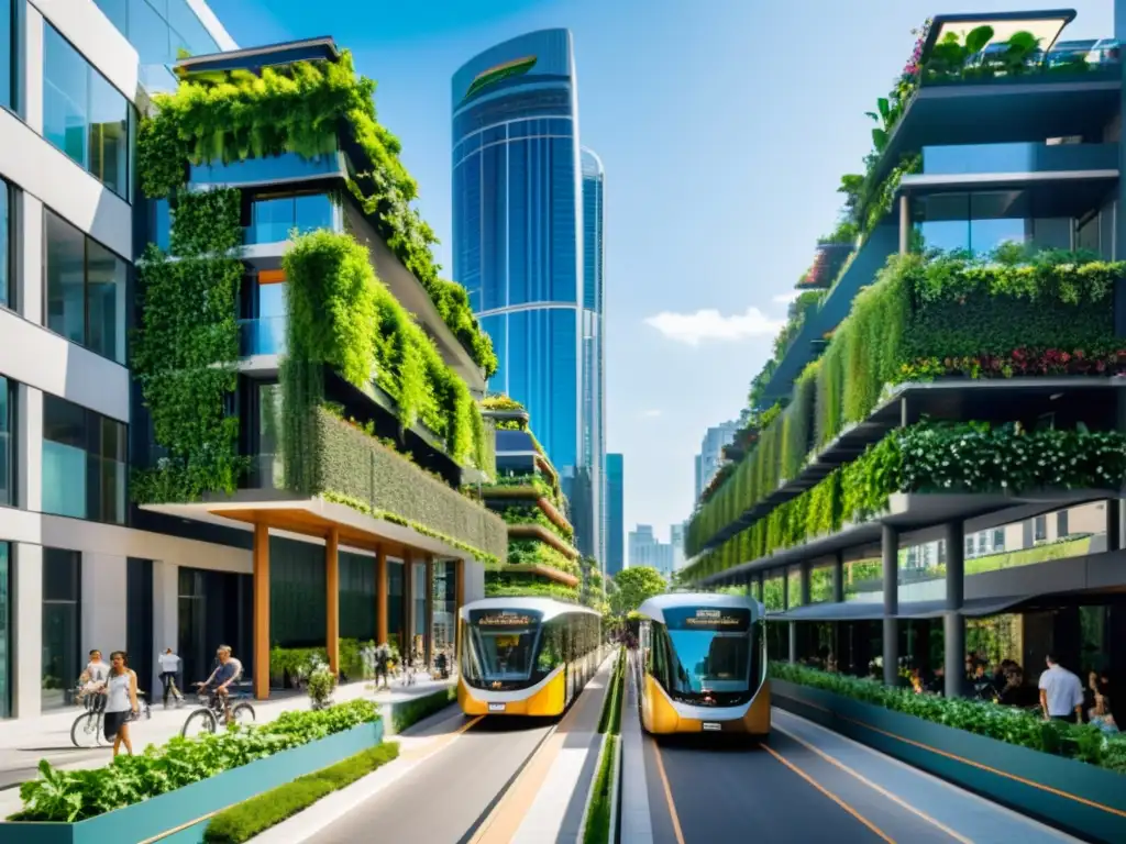 Un vibrante paisaje urbano sostenible con modernos edificios y vegetación, reflejando iniciativas de sostenibilidad urbana