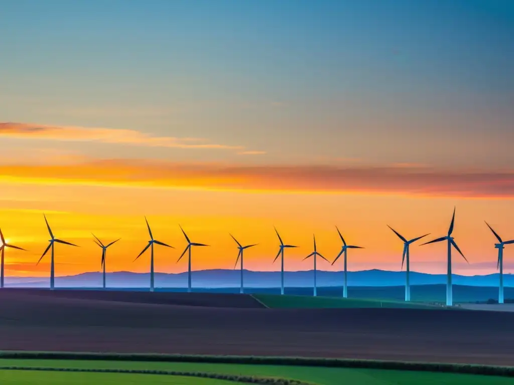 Vibrante parque eólico al atardecer, simbolizando los beneficios de la energía eólica en la economía local