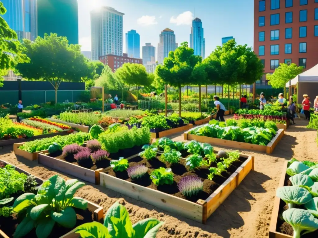 Una vibrante red de huertos urbanos sostenibles, donde la comunidad cultiva frutas, verduras y hierbas en armonía