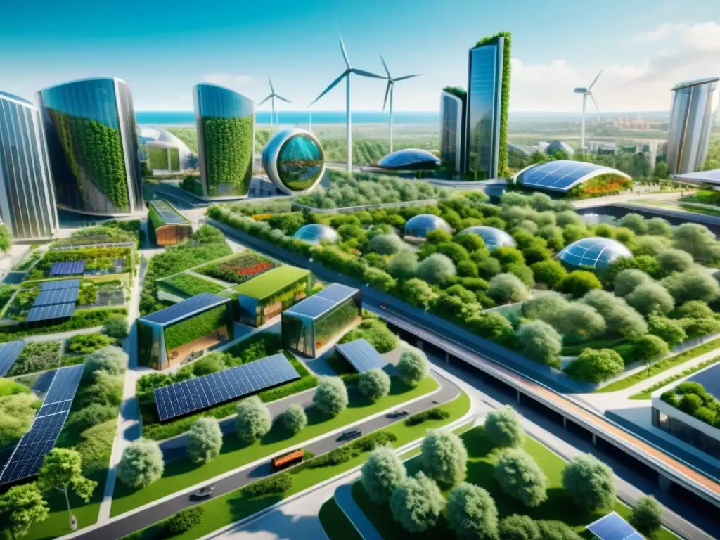 Vibrante microciudad sostenible para vivir, con infraestructura verde, paneles solares y edificios futuristas