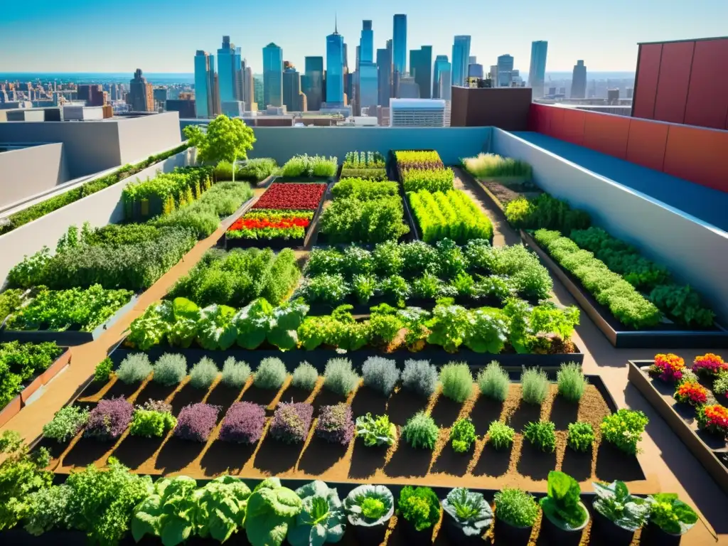 Jardín urbano vibrante: cosechas en la ciudad Vibrante jardín urbano con cultivos diversos en armonía con la ciudad y legislaciones para agricultura urbana sostenible