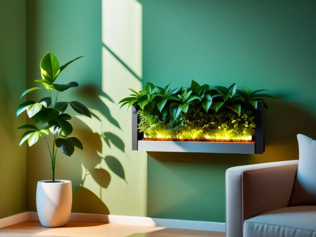 Innovador calentador infrarrojo realza vegetación exuberante Vibrantes plantas verdes disfrutan del cálido sol bajo un moderno calefactor infrarrojo, beneficiando espacios verdes