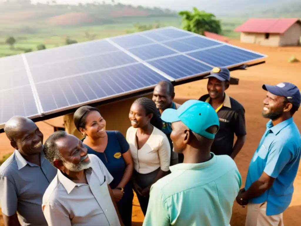 Villagers collaborate around a sleek solar panel in a rural village, capturando el espíritu de iniciativas comunitarias energía sostenible