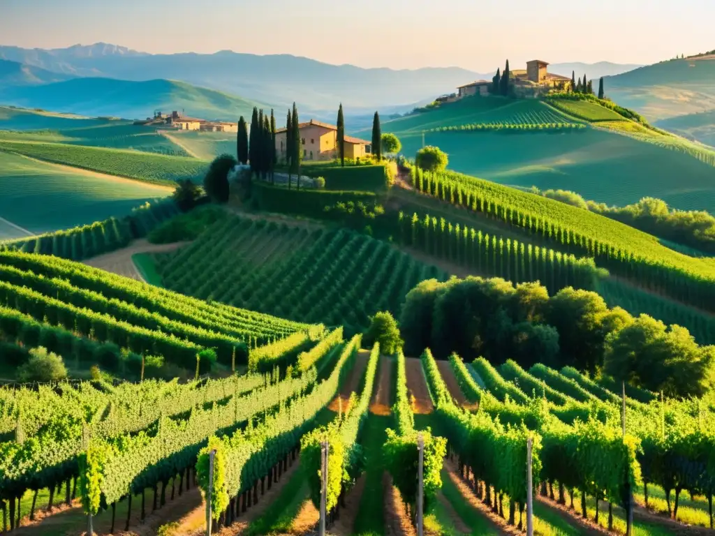 Un viñedo verde exuberante en las colinas de la Toscana, Italia, con viñedos vibrantes que se extienden hasta donde alcanza la vista