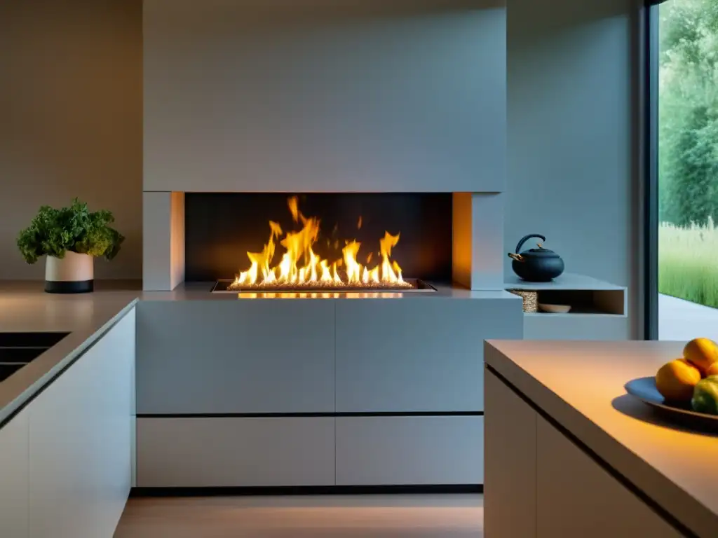 Vista acogedora de cocina minimalista con chimenea de bioetanol integrada en la encimera