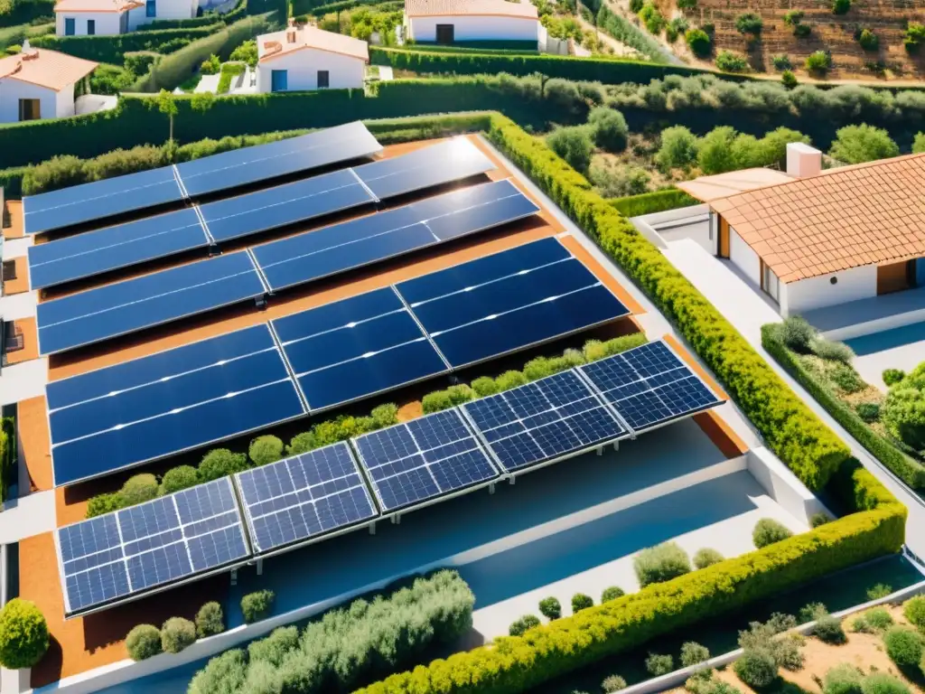 Vista aérea de área residencial en España con modernos paneles solares brillando al sol, integrados en los tejados