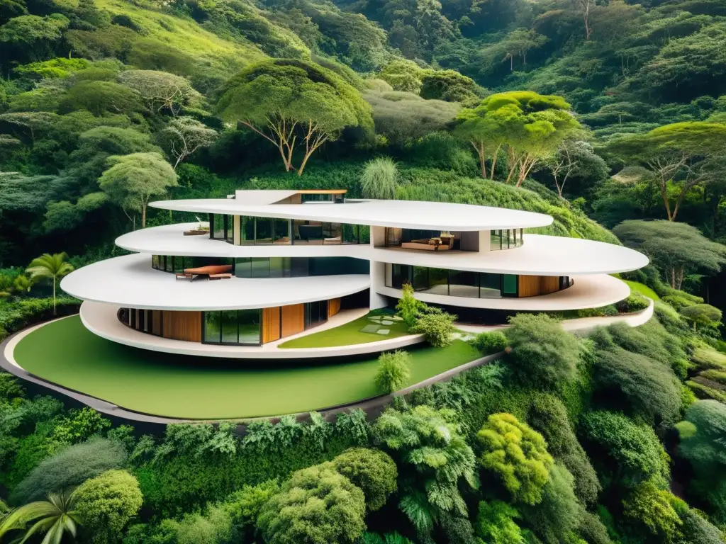 Vista aérea de arquitectura orgánica sostenible innovadora integrada en la naturaleza exuberante