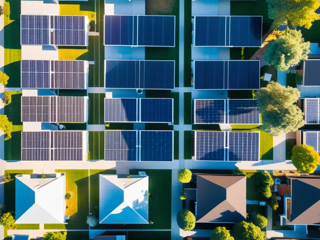 Vecindario sostenible: paneles solares en todas las casas Vista aérea de barrio suburbano con paneles solares en techos